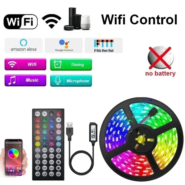 Fita de LED inteligente 5050 RGB USB 5V Bluetooth com controle remoto por aplicativo LED, diodo flexível, lâmpada de fita para TV, luz de fundo para festivais