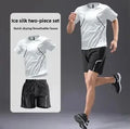 Roupas de ginástica masculinas, camiseta de seda gelada de manga curta, secagem rápida, conjunto esportivo de verão para basquete, corrida matinal, shorts de treino
