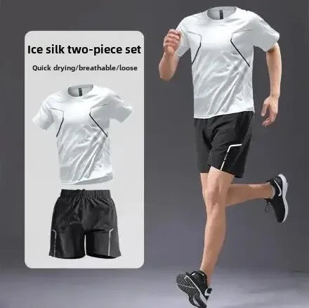 Roupas de ginástica masculinas, camiseta de seda gelada de manga curta, secagem rápida, conjunto esportivo de verão para basquete, corrida matinal, shorts de treino