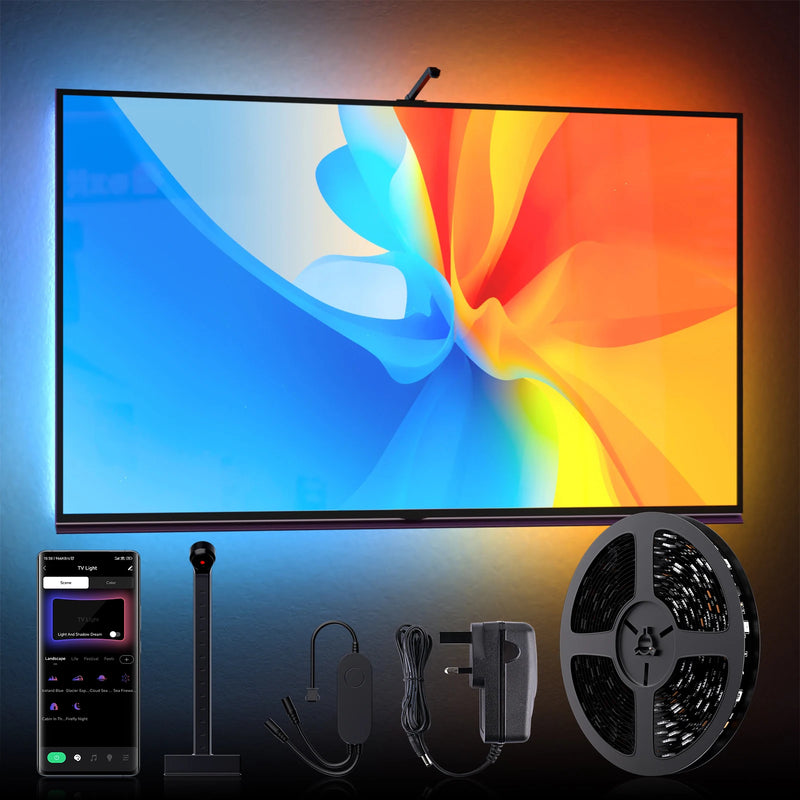Fita LED RGB com Câmera para TV – Luz de Imersão Inteligente 3M a 5M com Efeitos Dinâmicos para Sala