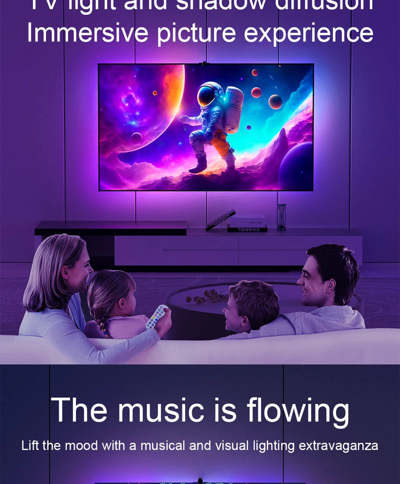 Fita LED RGB com Câmera para TV – Luz de Imersão Inteligente 3M a 5M com Efeitos Dinâmicos para Sala