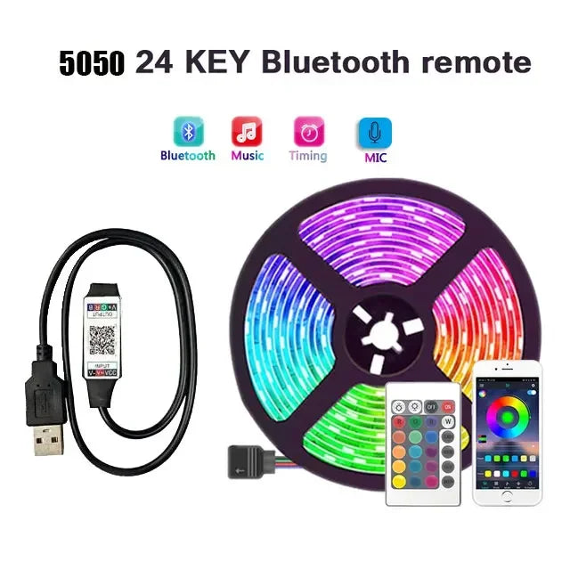 Fita de LED inteligente 5050 RGB USB 5V Bluetooth com controle remoto por aplicativo LED, diodo flexível, lâmpada de fita para TV, luz de fundo para festivais