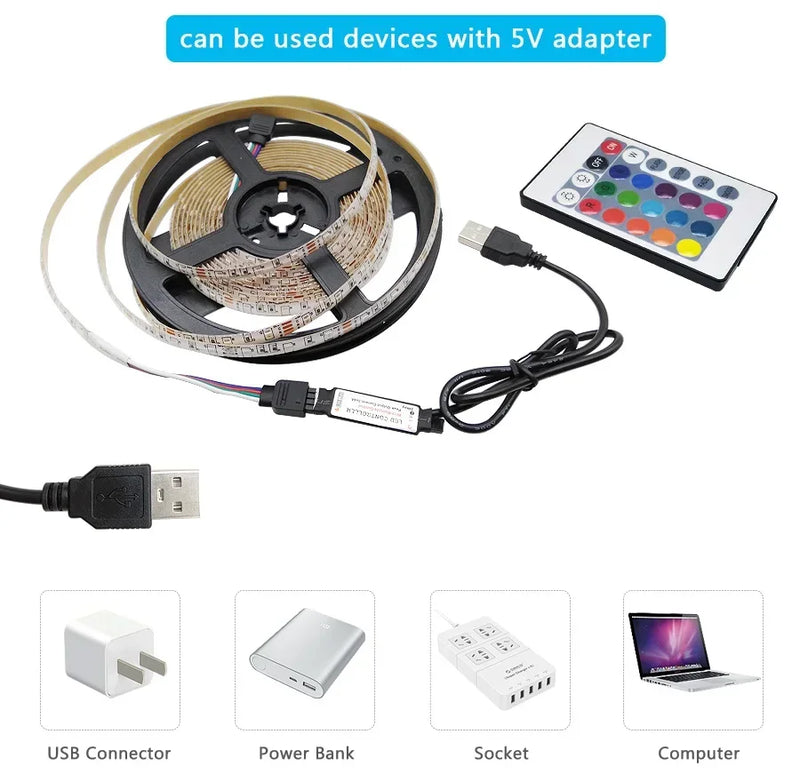 Fita de LED inteligente 5050 RGB USB 5V Bluetooth com controle remoto por aplicativo LED, diodo flexível, lâmpada de fita para TV, luz de fundo para festivais