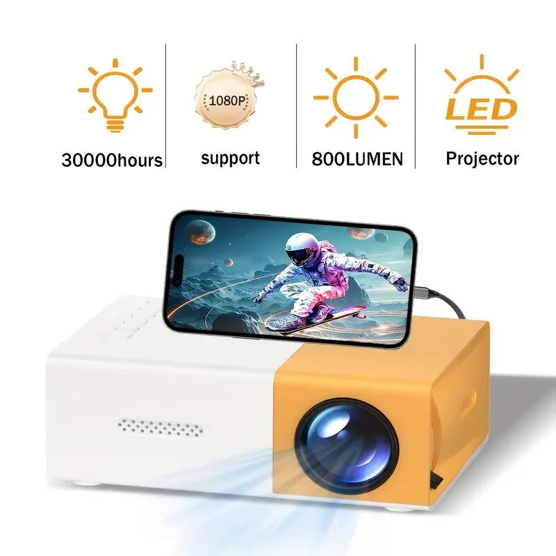 Mini projetor com tela de 72 polegadas, lâmpada LED com vida útil de 30.000 horas, suporte HD, compatível com Android/IOS/Windows/HDTV/USB