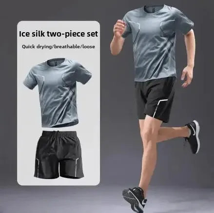 Roupas de ginástica masculinas, camiseta de seda gelada de manga curta, secagem rápida, conjunto esportivo de verão para basquete, corrida matinal, shorts de treino