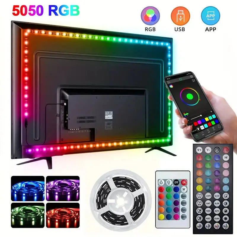 Fita de LED inteligente 5050 RGB USB 5V Bluetooth com controle remoto por aplicativo LED, diodo flexível, lâmpada de fita para TV, luz de fundo para festivais