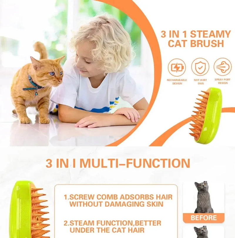 Escova elétrica para massagem e tosa de animais de estimação, escova a vapor para gatos e cachorros, escova elétrica 3 em 1 para massagem e escovas de massagem