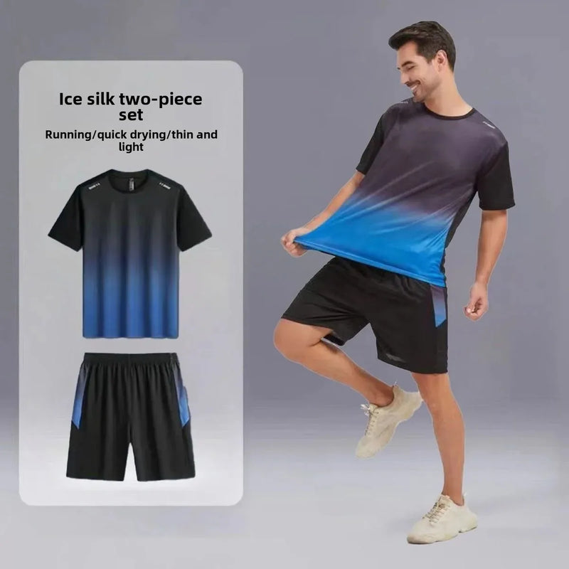 Roupas de ginástica masculinas, camiseta de seda gelada de manga curta, secagem rápida, conjunto esportivo de verão para basquete, corrida matinal, shorts de treino