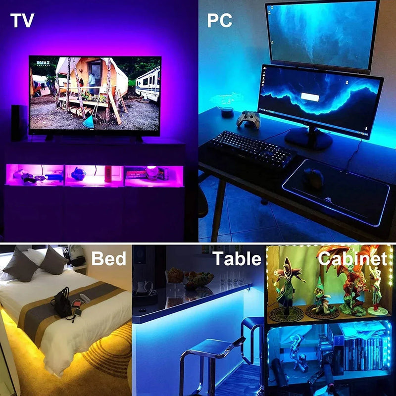 Fita de LED inteligente 5050 RGB USB 5V Bluetooth com controle remoto por aplicativo LED, diodo flexível, lâmpada de fita para TV, luz de fundo para festivais
