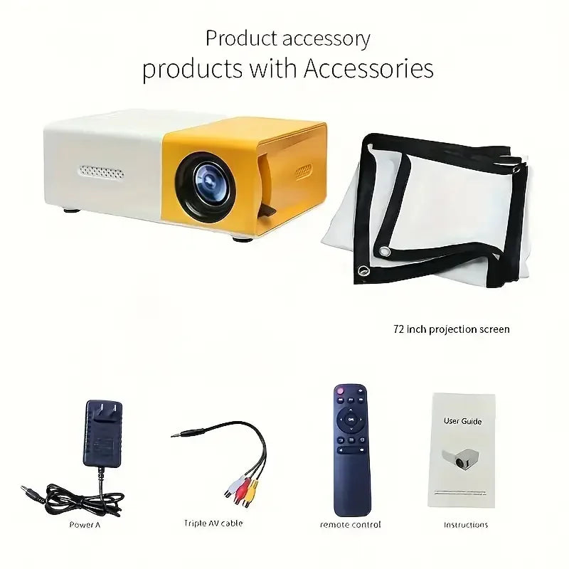 Mini projetor com tela de 72 polegadas, lâmpada LED com vida útil de 30.000 horas, suporte HD, compatível com Android/IOS/Windows/HDTV/USB
