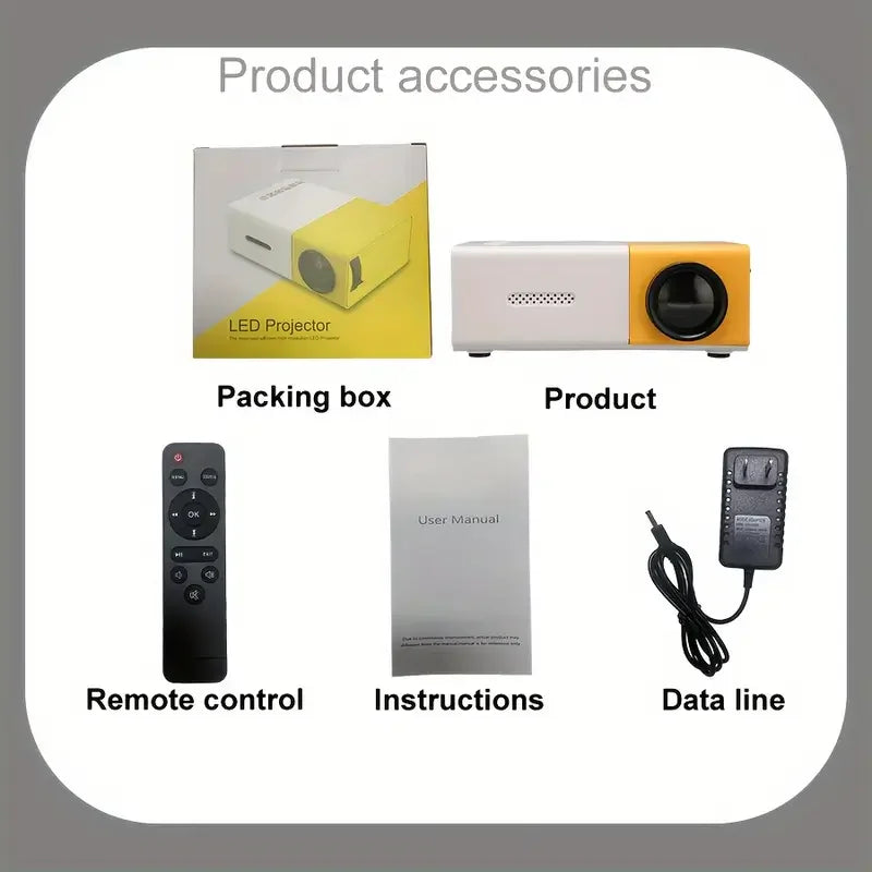 Mini projetor com tela de 72 polegadas, lâmpada LED com vida útil de 30.000 horas, suporte HD, compatível com Android/IOS/Windows/HDTV/USB