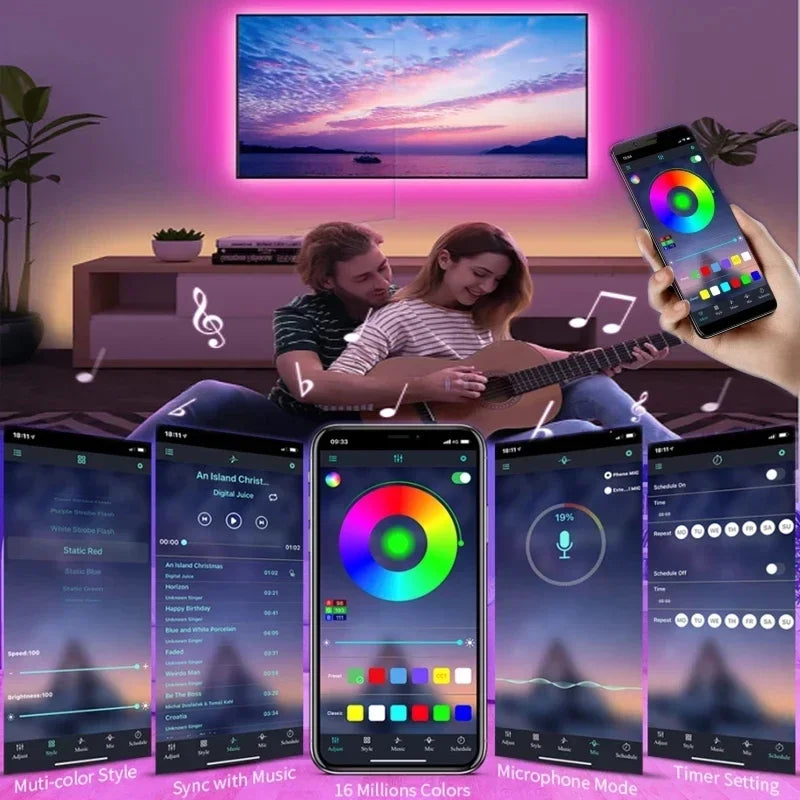 Fita de LED inteligente 5050 RGB USB 5V Bluetooth com controle remoto por aplicativo LED, diodo flexível, lâmpada de fita para TV, luz de fundo para festivais
