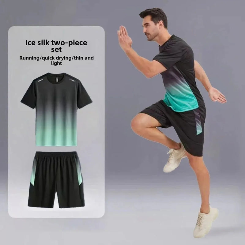 Roupas de ginástica masculinas, camiseta de seda gelada de manga curta, secagem rápida, conjunto esportivo de verão para basquete, corrida matinal, shorts de treino