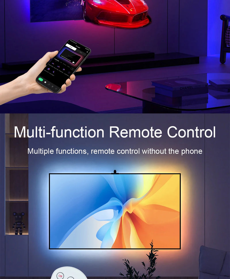 Fita LED RGB com Câmera para TV – Luz de Imersão Inteligente 3M a 5M com Efeitos Dinâmicos para Sala