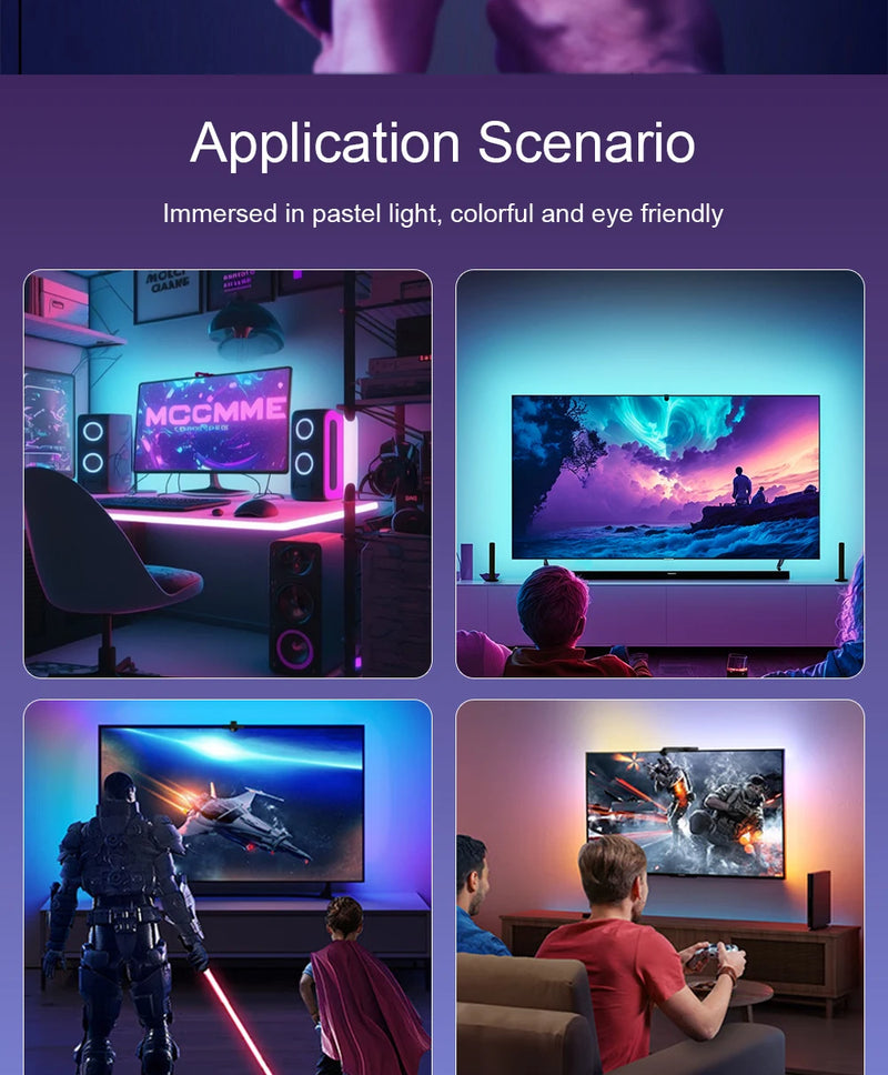 Fita LED RGB com Câmera para TV – Luz de Imersão Inteligente 3M a 5M com Efeitos Dinâmicos para Sala