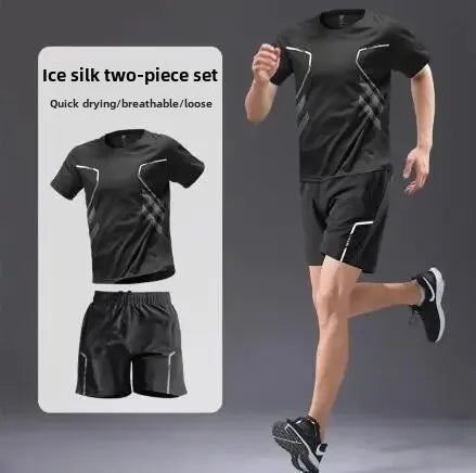 Roupas de ginástica masculinas, camiseta de seda gelada de manga curta, secagem rápida, conjunto esportivo de verão para basquete, corrida matinal, shorts de treino