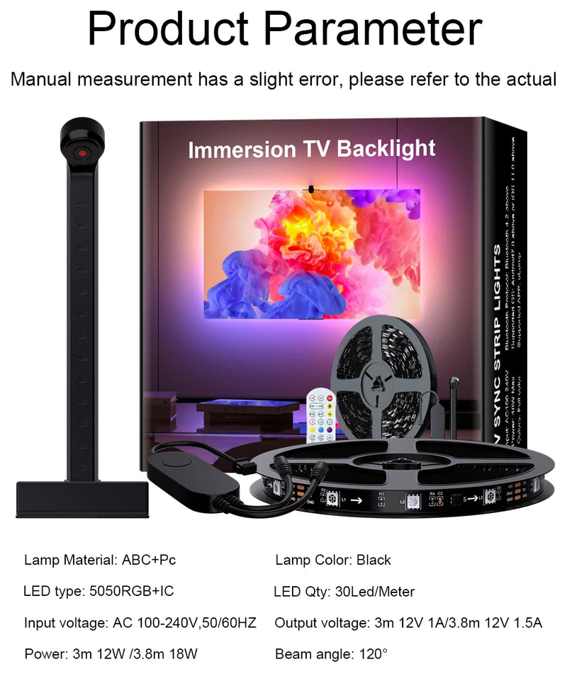 Fita LED RGB com Câmera para TV – Luz de Imersão Inteligente 3M a 5M com Efeitos Dinâmicos para Sala