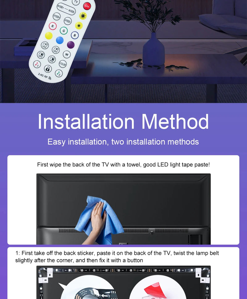 Fita LED RGB com Câmera para TV – Luz de Imersão Inteligente 3M a 5M com Efeitos Dinâmicos para Sala
