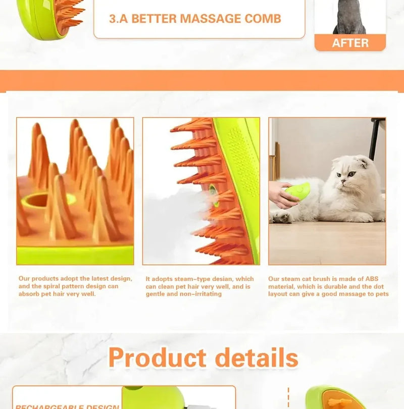 Escova elétrica para massagem e tosa de animais de estimação, escova a vapor para gatos e cachorros, escova elétrica 3 em 1 para massagem e escovas de massagem
