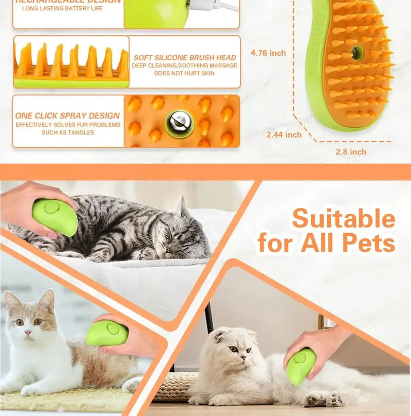 Escova elétrica para massagem e tosa de animais de estimação, escova a vapor para gatos e cachorros, escova elétrica 3 em 1 para massagem e escovas de massagem